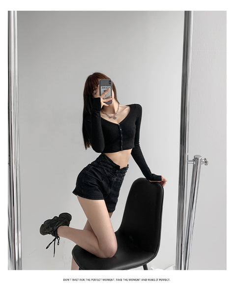 Small Man Waist Cross Woven Super High Waist Tummy Denim Shorts Women