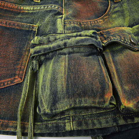 Women's Fashion Color Contrast Washing Tooling Denim Skirt