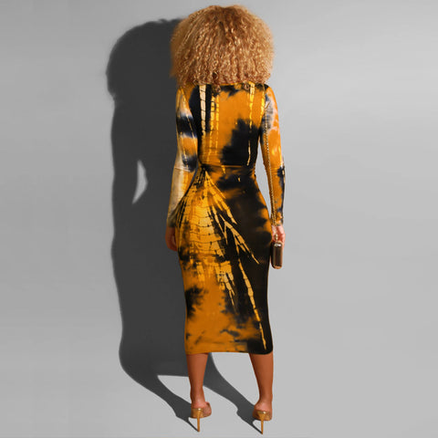 Tie-dye printed V-neck midi dress
