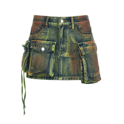 Women's Fashion Color Contrast Washing Tooling Denim Skirt