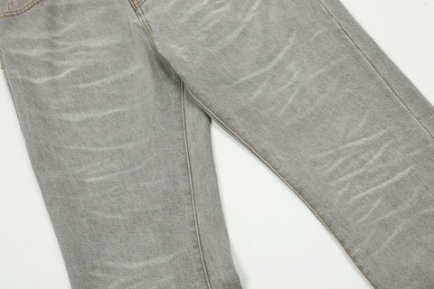 Wide-leg Washed Straight Flared Gray Washed Pleated Overalls Jeans