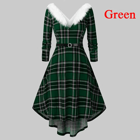 Women's Christmas Long Sleeved Plush High And Low Deep V Off Shoulder Big Swing Dress