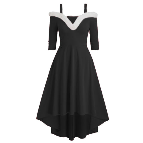 Women's Christmas Long Sleeved Plush High And Low Deep V Off Shoulder Big Swing Dress