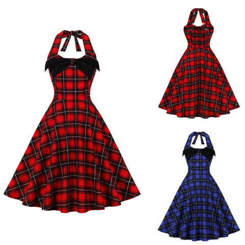 Women's Plaid Halter Lace-up Mid-length Large Swing Dress