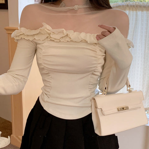 Spring French Style Design Lace Slimming Patchwork Sweet And Spicy Top For Women