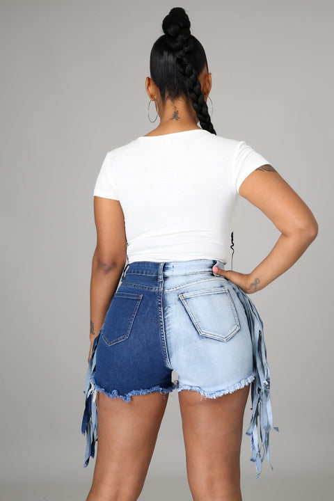 SXY Two Tone Fringe Trim Raw Hem Denim Shorts