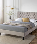 Queen Bed Frame Misty Bed Mattress Base, Light Grey | Upholstered Button Tufted Fabric Platform | Bedroom Furniture