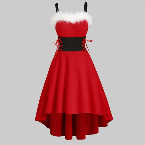 Women's Christmas Long Sleeved Plush High And Low Deep V Off Shoulder Big Swing Dress