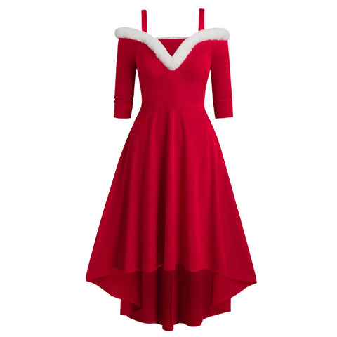 Women's Christmas Long Sleeved Plush High And Low Deep V Off Shoulder Big Swing Dress