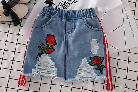 Summer New Korean Style Girls' Fashionable Embroidered Rose Short-sleeved T-shirt Denim Skirt Suit Two-piece Set